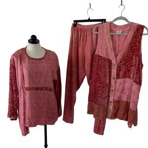 Uru Vintage Womens Pants Tunic Vest One Size Pink Three Piece Set Burnout Velvet